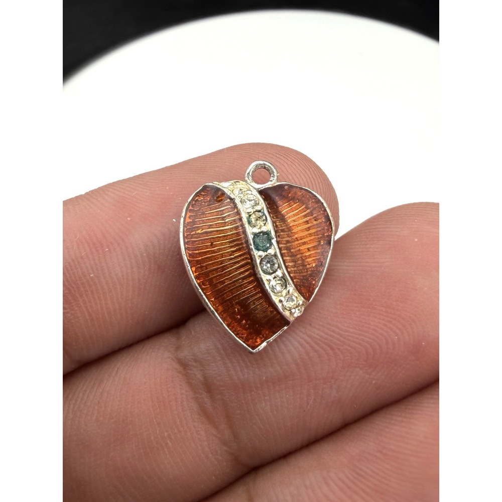 Vintage 925 Sterling Silver Brown Enamel And CZ Heart Shaped Charm Pendant